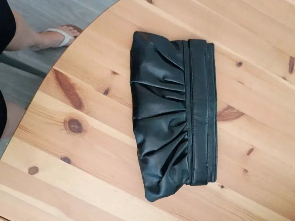 Angela Black Faux Leather Ruched Evening Clutch Bag with Buckle